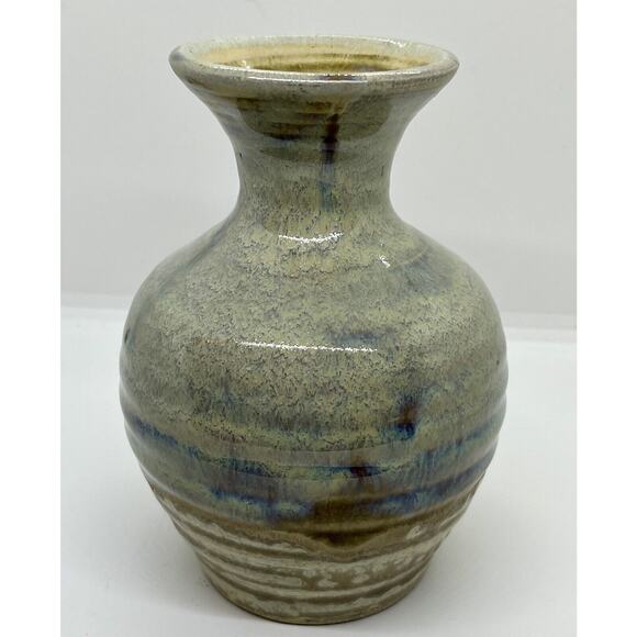 Studio Art Pottery Signed Glazed Vase Blue And Earthtones 6” X 4” - Picture 1 of 7